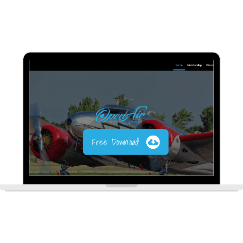 Laptop screen displaying an image of a vintage airplane with text overlay "OpenAir Free Download!" and a download icon button.