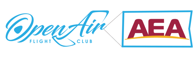 Logo featuring "OpenAir Flight Club" in stylized blue script on the left, connected by a blue line to "AEA" in bold maroon letters within a blue outline on the right.