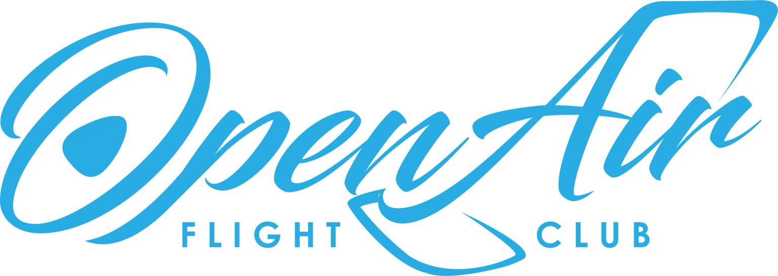 Logo of "Open Air Flight Club" with the text in blue, stylized cursive font.