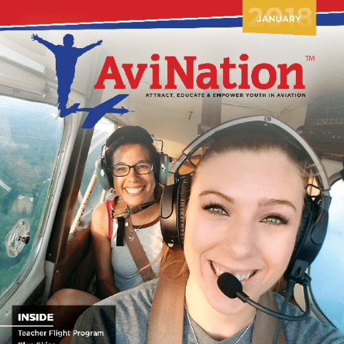 Cover of AviNation magazine, January 2018 issue, featuring two women in a small airplane cockpit with headsets, promoting the Teacher Flight Program.