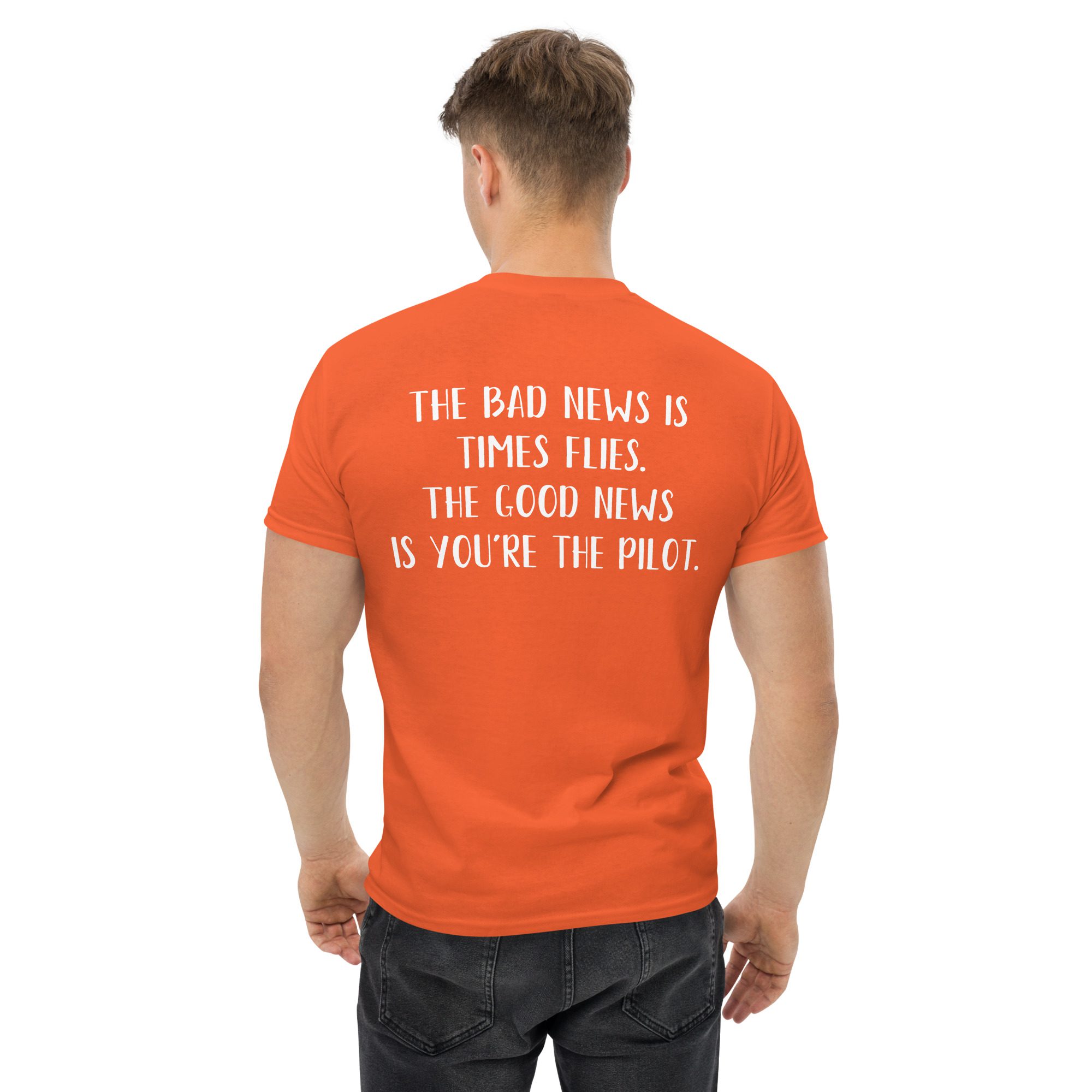 A man wearing an orange t-shirt with the words " for good news is you 're too poor ".